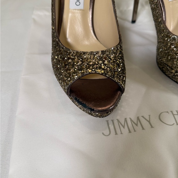 Jimmy Choo Sparkling Gold Peep Toe Heels - Picture 5 of 9
